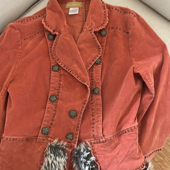 Corduroy jacket. Fur cuffs. pumpkin color with brass studs & buttons. So unique! - Picture 6 of 10